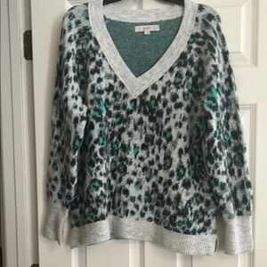 Leopard Print V-Neck Sweater - Gray and Green